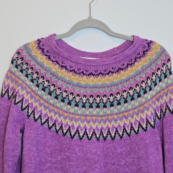 Christopher & Banks Fair Isle Pullover Sweater Size L Purple Yoke Cotton Blend - Picture 3 of 8